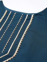 Women Blue Yoke Design Gotta Patti Chanderi Cotton Kurta with Trousers & With Dupatta - Inddus.com