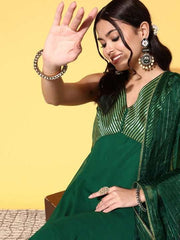 Women Bottle Green Woven Design Brocade Kurta with Trouser Dupatta - Inddus.com