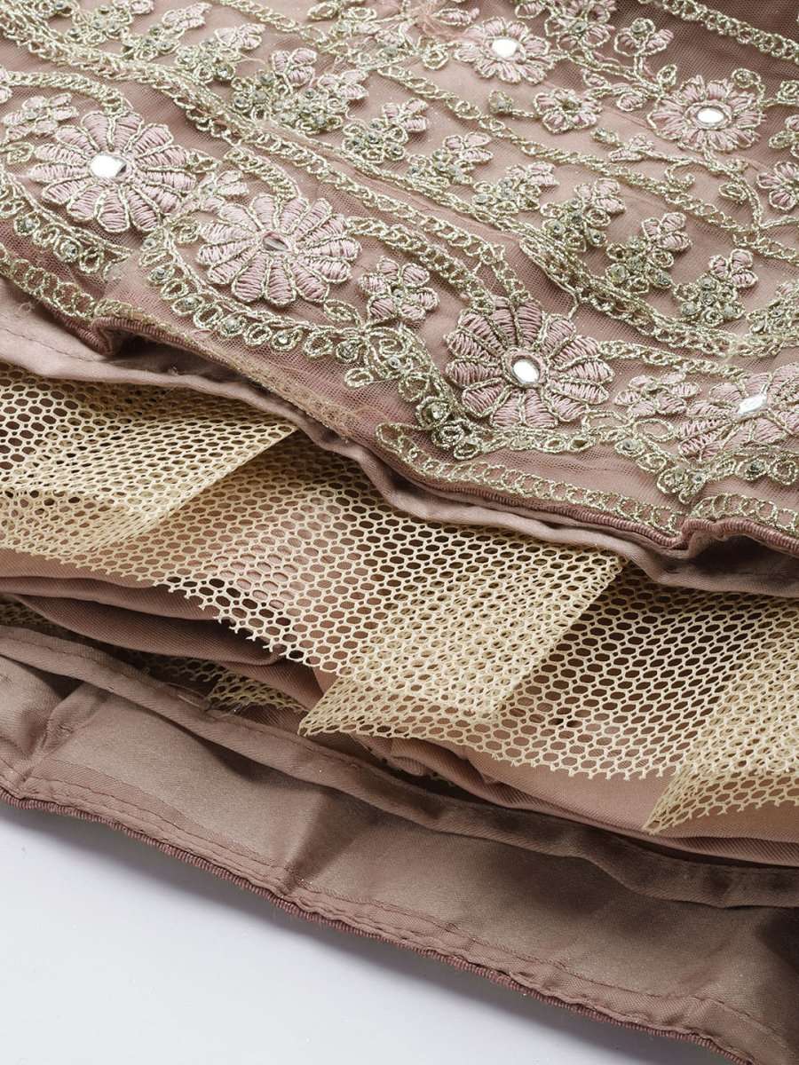 Women Brown Embroidered Semi-Stitched Lehenga & Unstitched Blouse With Dupatta - Inddus.com