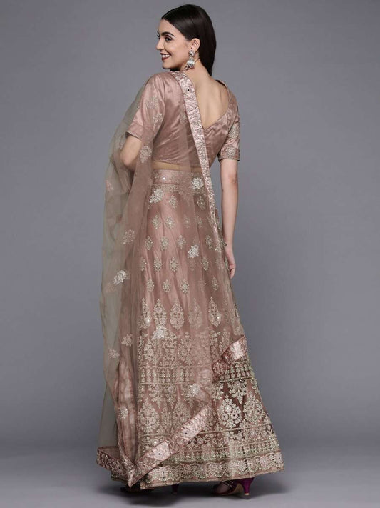 Women Brown Embroidered Semi-Stitched Lehenga & Unstitched Blouse With Dupatta - Inddus.com