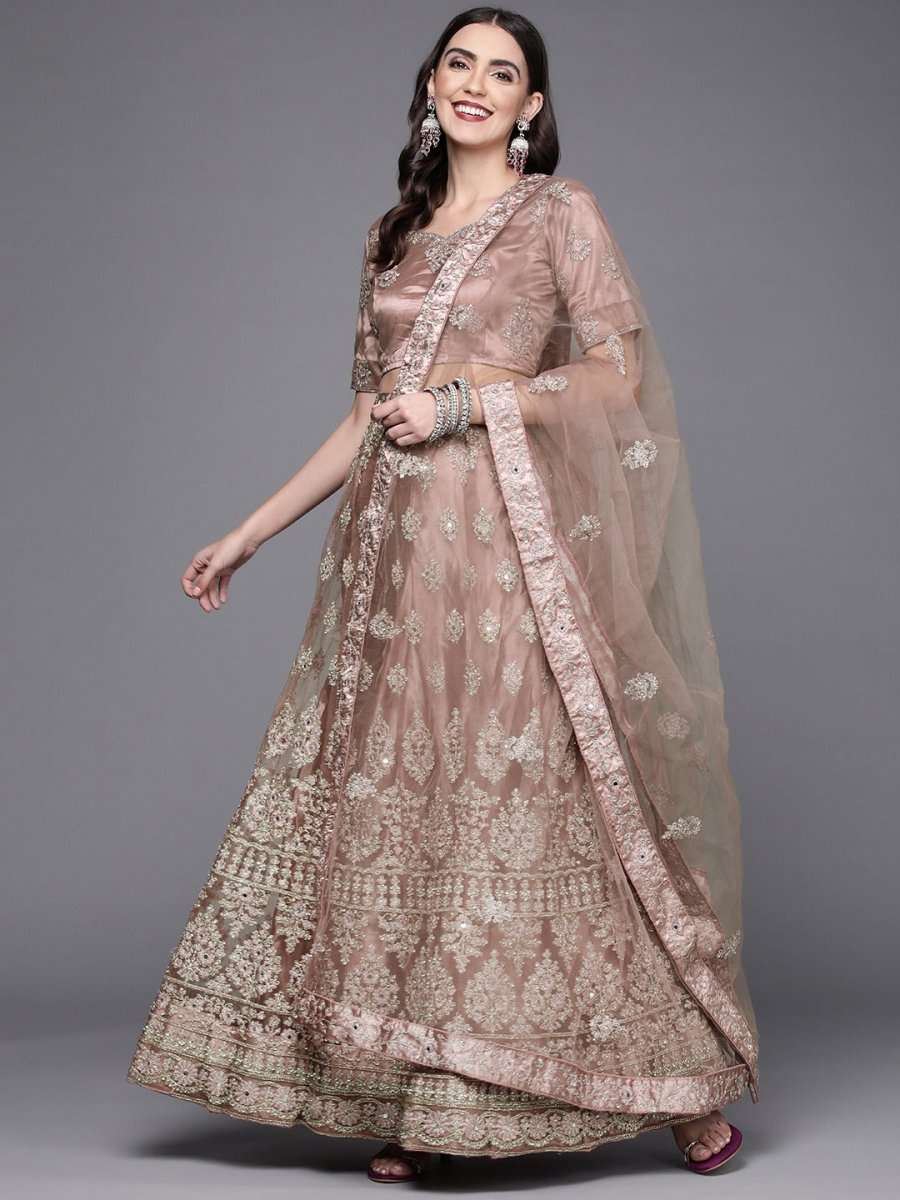 Women Brown Embroidered Semi-Stitched Lehenga & Unstitched Blouse With Dupatta - Inddus.com