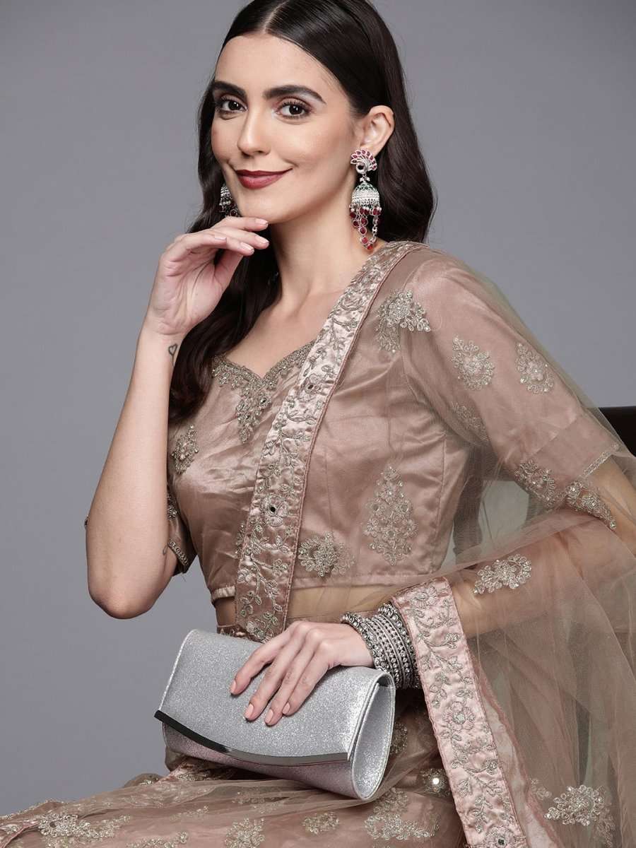 Women Brown Embroidered Semi-Stitched Lehenga & Unstitched Blouse With Dupatta - Inddus.com