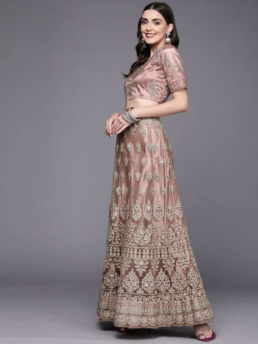 Women Brown Embroidered Semi-Stitched Lehenga & Unstitched Blouse With Dupatta - Inddus.com