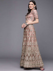 Women Brown Embroidered Semi-Stitched Lehenga & Unstitched Blouse With Dupatta - Inddus.com