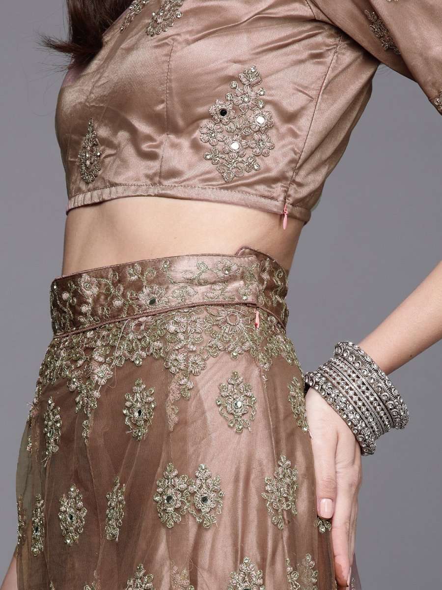 Women Brown Embroidered Semi-Stitched Lehenga & Unstitched Blouse With Dupatta - Inddus.com