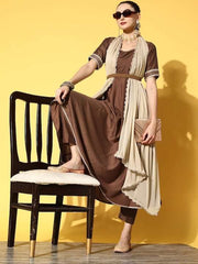 Women Brown Kurta with Trousers & With Dupatta - Inddus.com