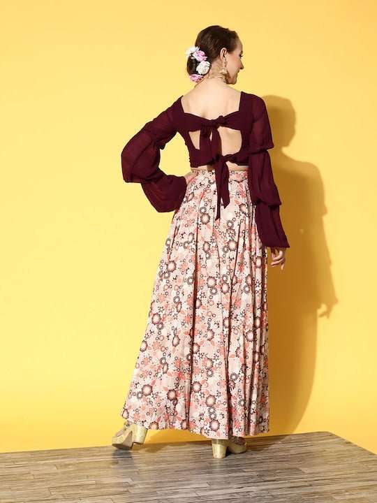 Women Brown & Orange Printed Top & Skirt - Inddus.com