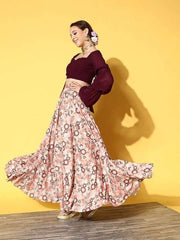 Women Brown & Orange Printed Top & Skirt - Inddus.com
