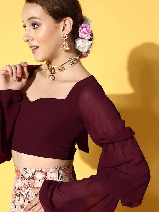 Women Brown & Orange Printed Top & Skirt - Inddus.com