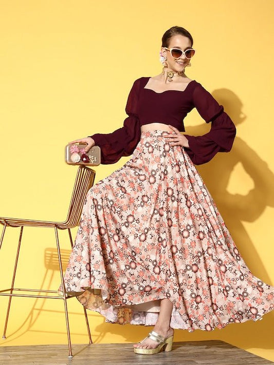 Women Brown & Orange Printed Top & Skirt - Inddus.com