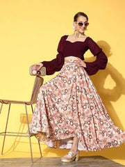 Women Brown & Orange Printed Top & Skirt - Inddus.com