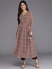 Women Brown & White Bandhani Printed Angrakha Kurta with Trousers - Inddus.com
