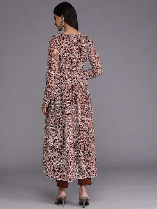 Women Brown & White Bandhani Printed Angrakha Kurta with Trousers - Inddus.com
