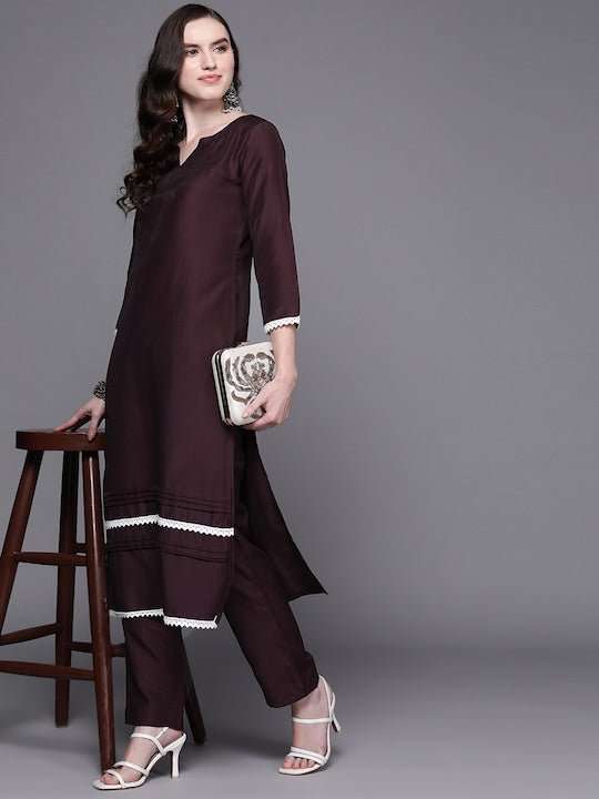 Women Burgundy Lace Detail Kurta with Trousers - Inddus.com