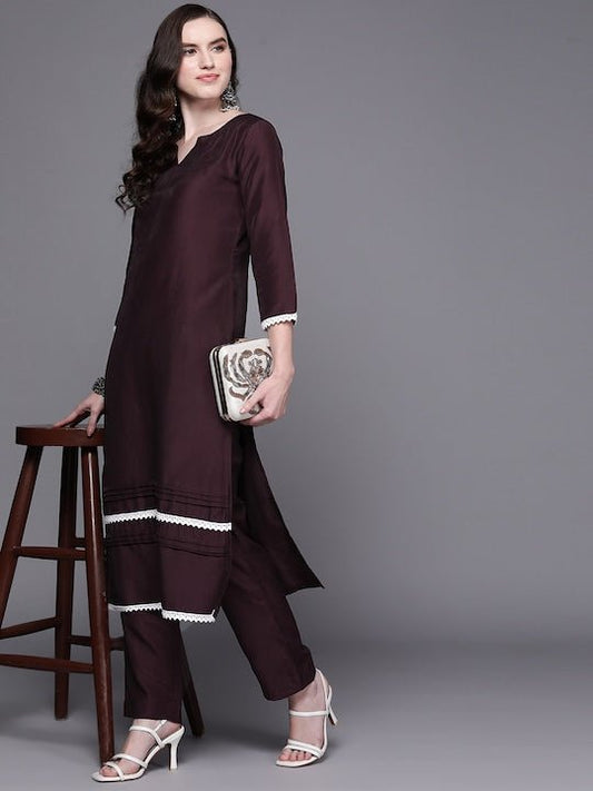 Women Burgundy Lace Detail Kurta with Trousers - Inddus.com