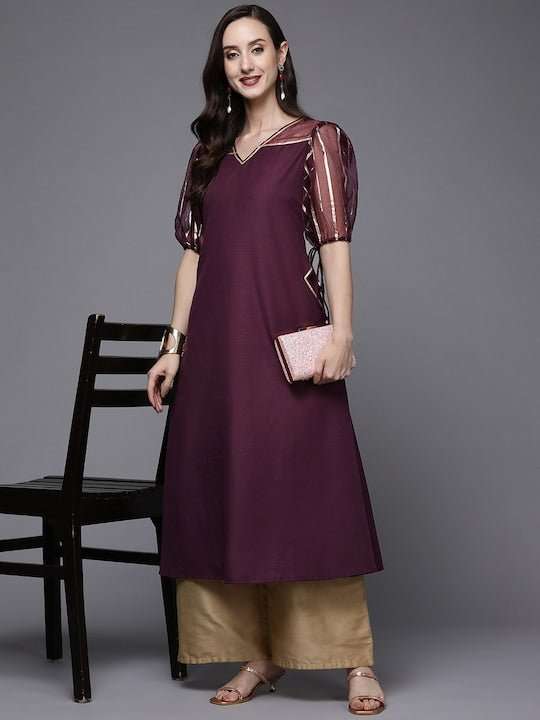 Women Burgundy Solid Gotta Patti Kurta - Inddus.com