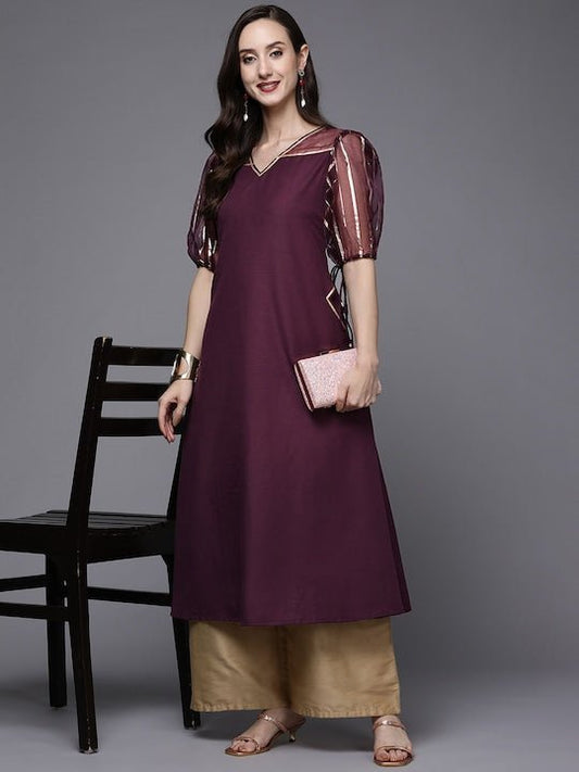 Women Burgundy Solid Gotta Patti Kurta - Inddus.com