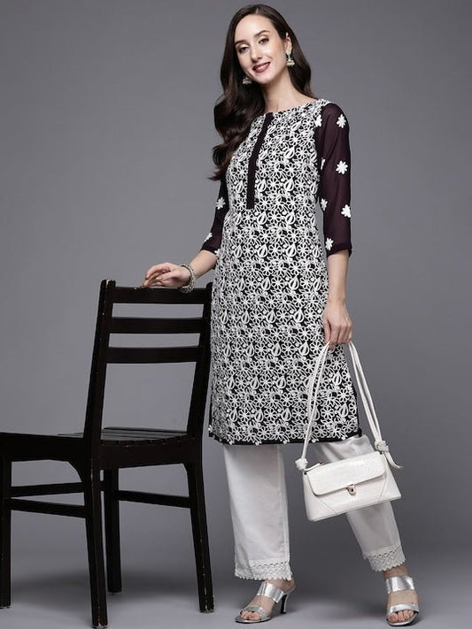 Women Burgundy & White Ethnic Motifs Embroidered Georgette Kurta - Inddus.com