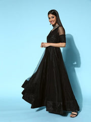 Women Classic Black Ethnic Motifs Swirling Volume Dress - Inddus.com