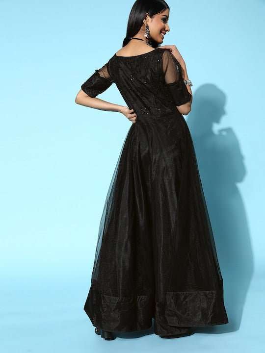 Women Classic Black Ethnic Motifs Swirling Volume Dress - Inddus.com