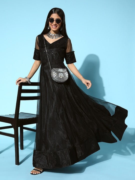 Women Classic Black Ethnic Motifs Swirling Volume Dress - Inddus.com