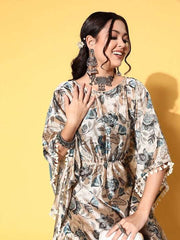 Women Classy Beige Polyester Adjustable Waistline Ethnic Dress - Inddus.com