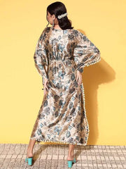 Women Classy Beige Polyester Adjustable Waistline Ethnic Dress - Inddus.com