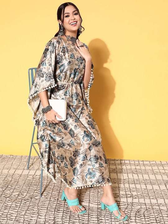 Women Classy Beige Polyester Adjustable Waistline Ethnic Dress - Inddus.com