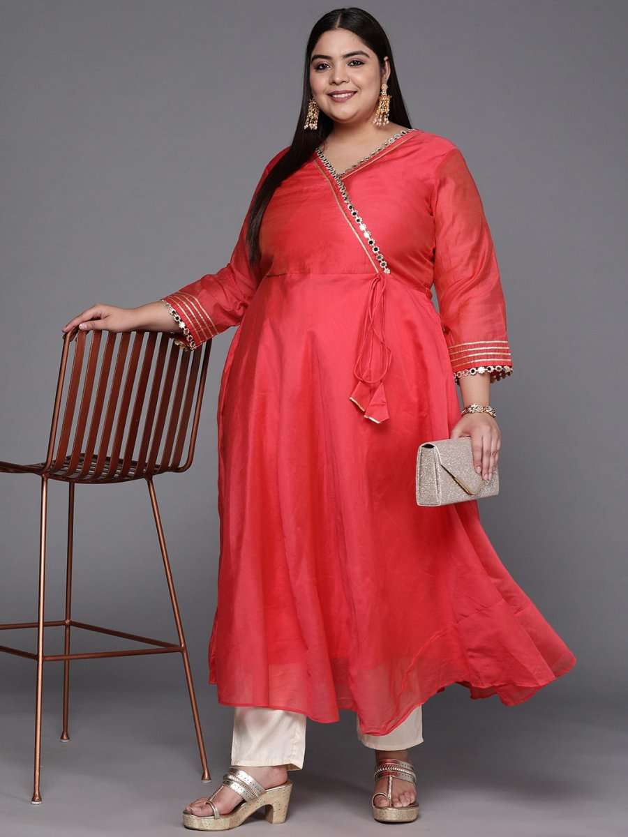 Women Coral Red Mirror Work Tie-Up Detail A-Line Kurta - Inddus.com