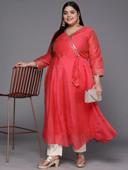 Women Coral Red Mirror Work Tie-Up Detail A-Line Kurta - Inddus.com