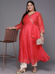 Women Coral Red Mirror Work Tie-Up Detail A-Line Kurta - Inddus.com