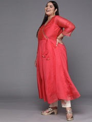 Women Coral Red Mirror Work Tie-Up Detail A-Line Kurta - Inddus.com