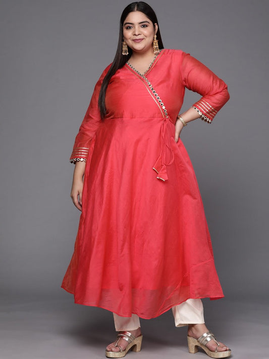 Women Coral Red Mirror Work Tie-Up Detail A-Line Kurta - Inddus.com