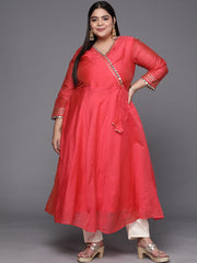 Women Coral Red Mirror Work Tie-Up Detail A-Line Kurta - Inddus.com