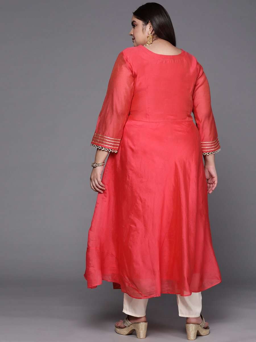 Women Coral Red Mirror Work Tie-Up Detail A-Line Kurta - Inddus.com