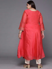 Women Coral Red Mirror Work Tie-Up Detail A-Line Kurta - Inddus.com