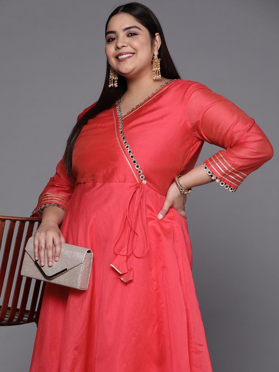 Women Coral Red Mirror Work Tie-Up Detail A-Line Kurta - Inddus.com