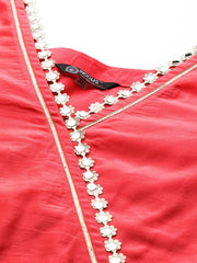 Women Coral Red Mirror Work Tie-Up Detail A-Line Kurta - Inddus.com