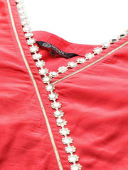 Women Coral Red Mirror Work Tie-Up Detail A-Line Kurta - Inddus.com