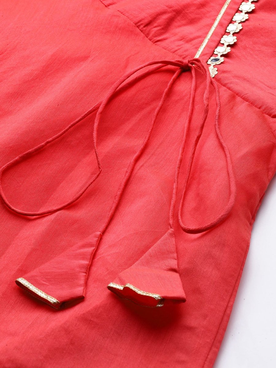 Women Coral Red Mirror Work Tie-Up Detail A-Line Kurta - Inddus.com