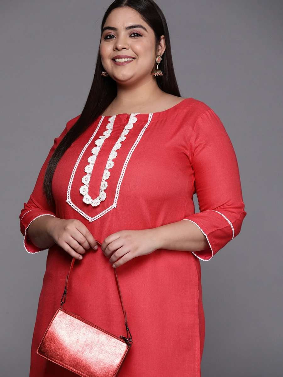 Women Coral Red Solid Yoke Design Lace Inserts Straight Kurta - Inddus.com