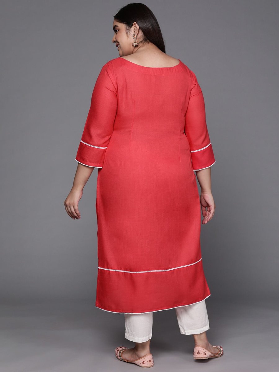 Women Coral Red Solid Yoke Design Lace Inserts Straight Kurta - Inddus.com