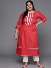Women Coral Red Solid Yoke Design Lace Inserts Straight Kurta - Inddus.com