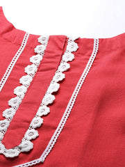 Women Coral Red Solid Yoke Design Lace Inserts Straight Kurta - Inddus.com