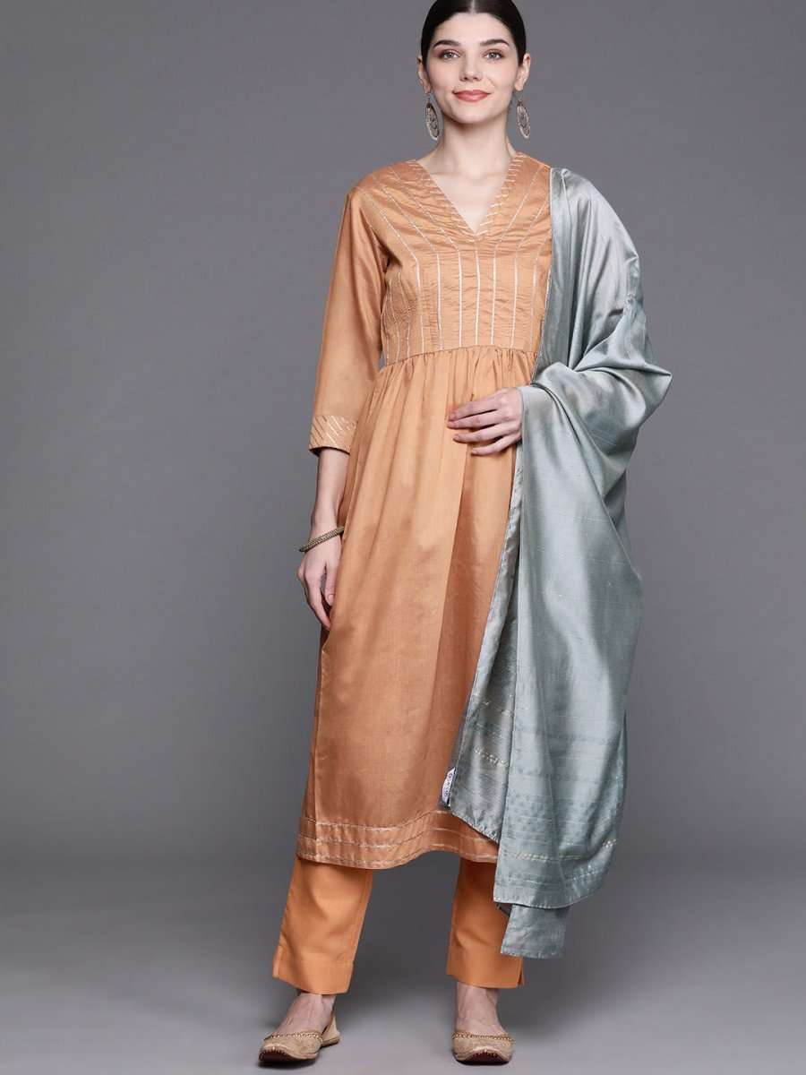 Women Coral Yoke Design Chanderi Cotton Kurta with Palazzos & With Dupatta - Inddus.com