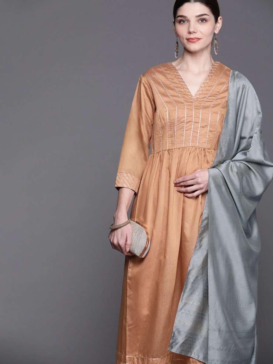 Women Coral Yoke Design Chanderi Cotton Kurta with Palazzos & With Dupatta - Inddus.com
