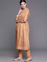 Women Coral Yoke Design Chanderi Cotton Kurta with Palazzos & With Dupatta - Inddus.com