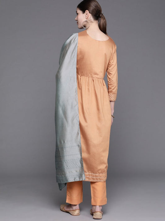 Women Coral Yoke Design Chanderi Cotton Kurta with Palazzos & With Dupatta - Inddus.com