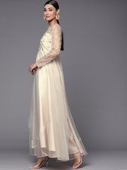 Women Cream-Coloured Floral Embroidered Net Maxi Dress - Inddus.com