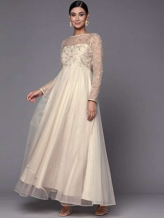 Women Cream-Coloured Floral Embroidered Net Maxi Dress - Inddus.com